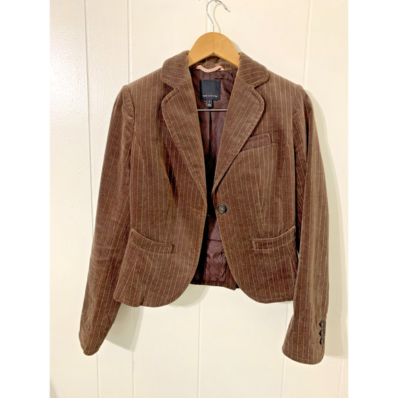 The limited Women's Blazer Brown Pinstripe Velvet Size 2 Single Breasted Y2K - Picture 1 of 10